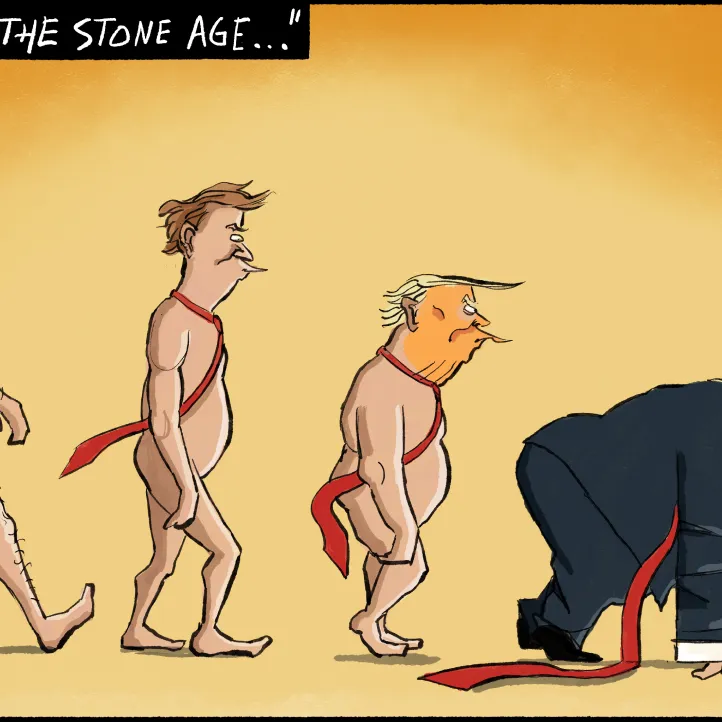 Cartoon showing four figures resembling human evolution, but the final figure has distinct hair and is crawling backwards, implying regression rather than progress.
