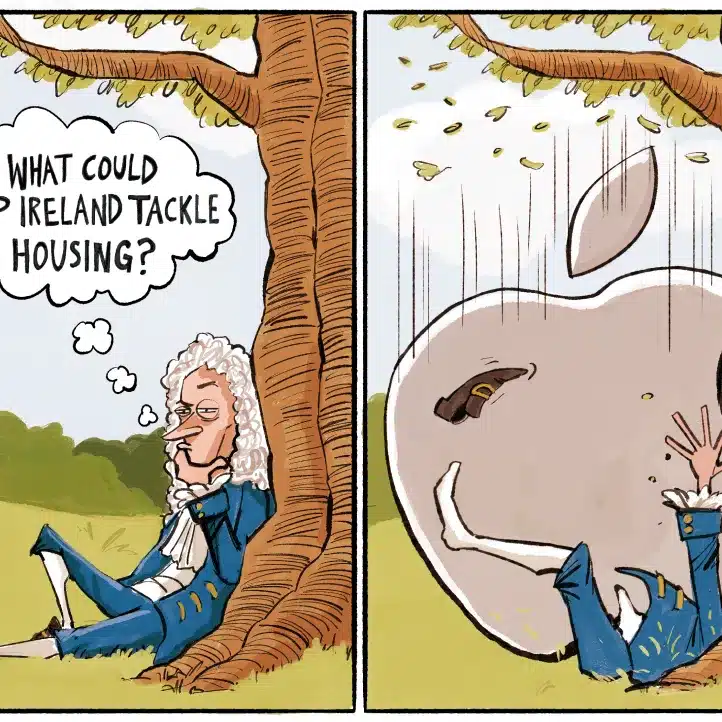 A person in old-fashioned clothes sits under a tree thinking about Ireland's housing. Suddenly, a giant apple falls on them, knocking them down and scattering leaves.