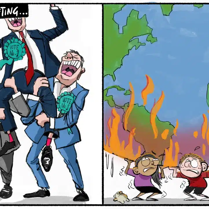 A cartoon shows politicians celebrating their election win whilst, in the next panel, children hold up a burning Earth, struggling under its weight as flames spread.
