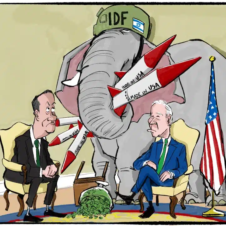 Two men sit opposite each other with an elephant labelled “IDF” behind them. The elephant holds missiles labelled “Made in USA.” Money spills from a briefcase. A US flag stands nearby.