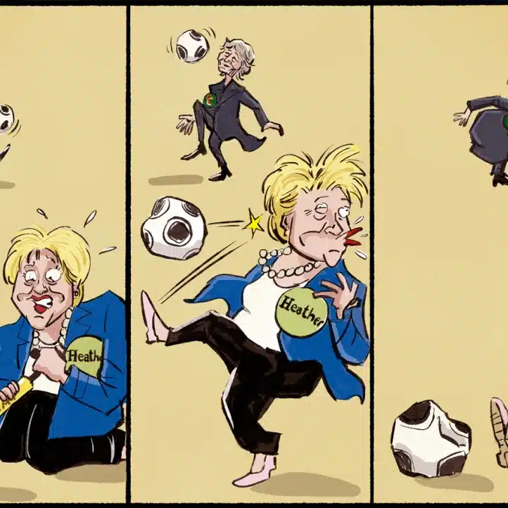A comic strip shows a woman labelled "Heather" getting hit in the face by a football kicked by another person, causing her to fall to the ground.
