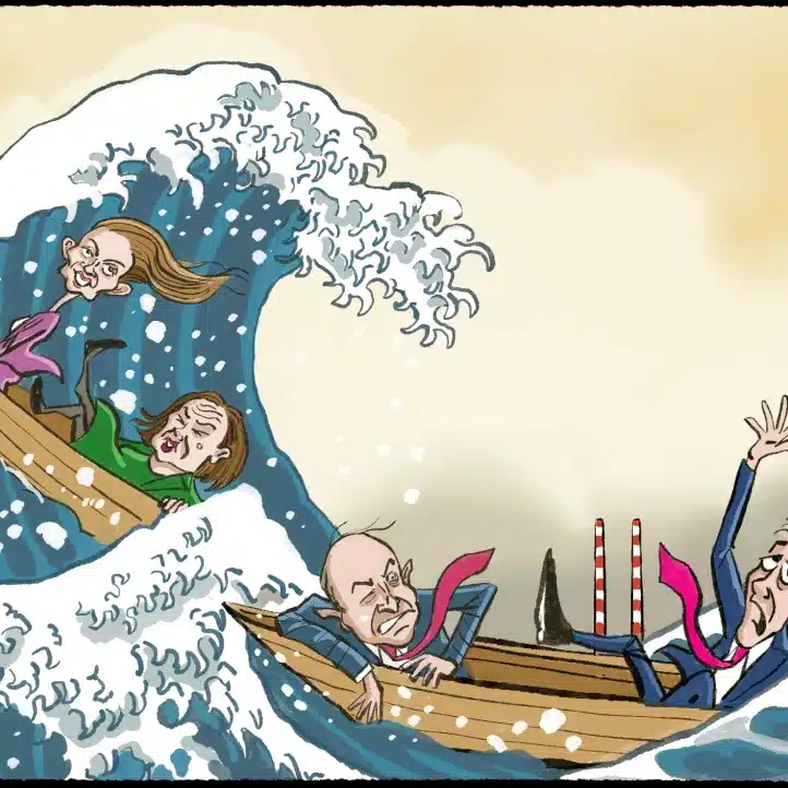 Cartoon of four people in suits in two wooden boats; a large wave overturns one boat, tossing two people out, while two others struggle in the second boat. The scene is exaggerated and expressive.