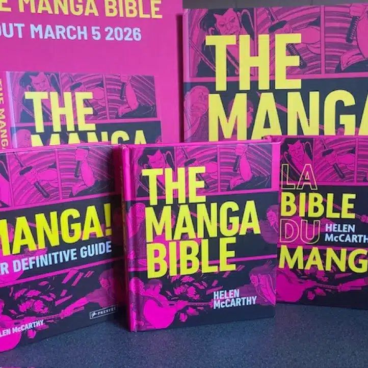 Four copies of "The Manga Bible" by Helen McCarthy are displayed upright. Two are in English and one in French. A promo poster with release date “5 March 2026” appears in the background.