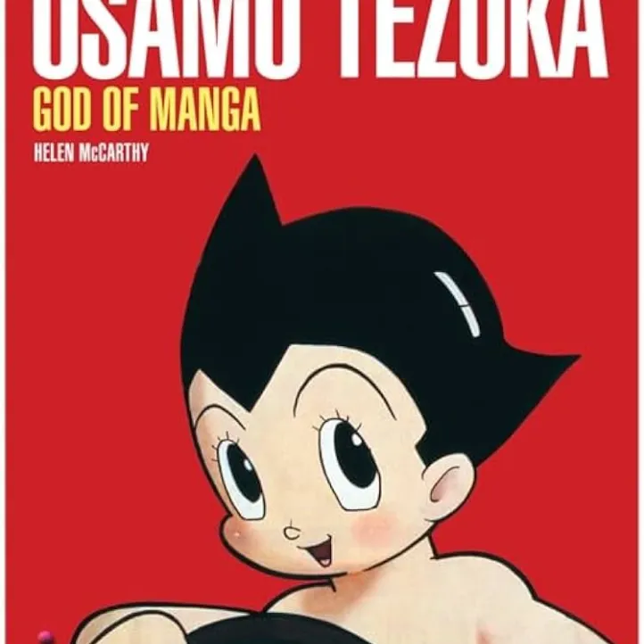 Book cover for "Osamu Tezuka: God of Manga" by Helen McCarthy, featuring a cartoon character with spiky black hair, large eyes, and a red background.