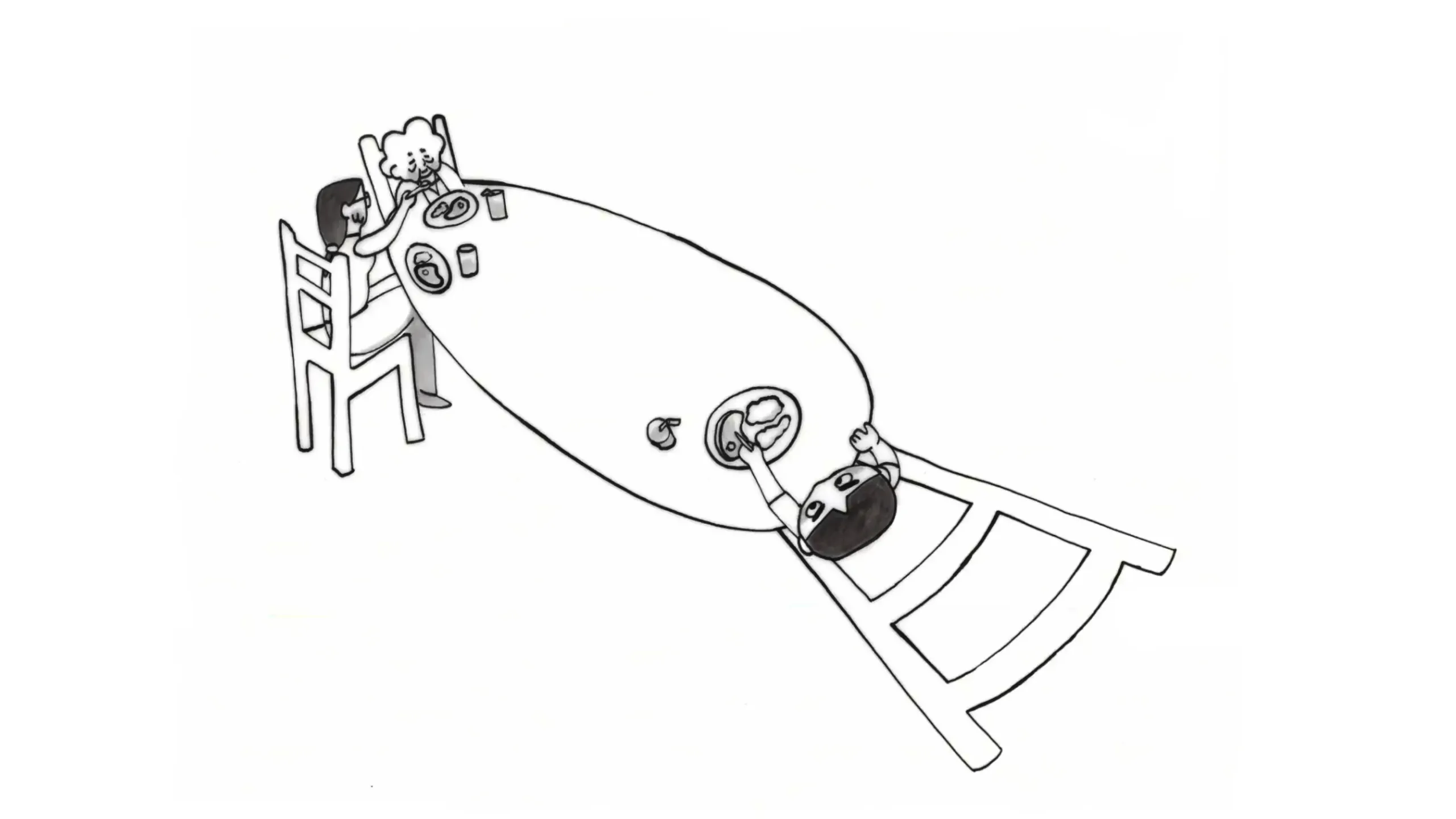 A cartoon shows two people eating at opposite ends of a long oval table, with exaggeratedly tall chairs. Their hands barely reach their plates, emphasising the distance between them.