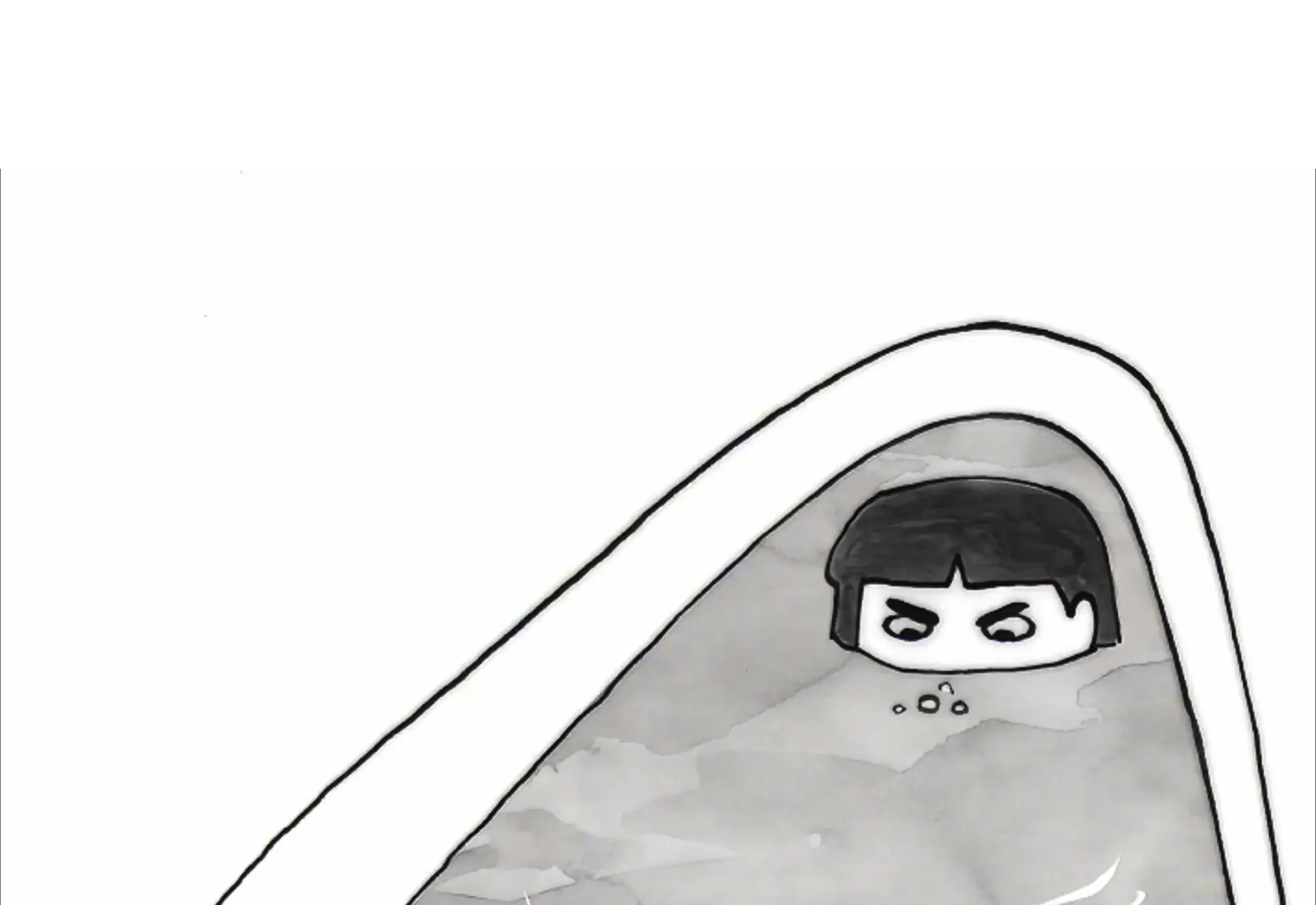 A person with short dark hair and a serious expression peeks over the surface of water, mostly submerged, with only their eyes and part of their head visible. The drawing is in black and white.