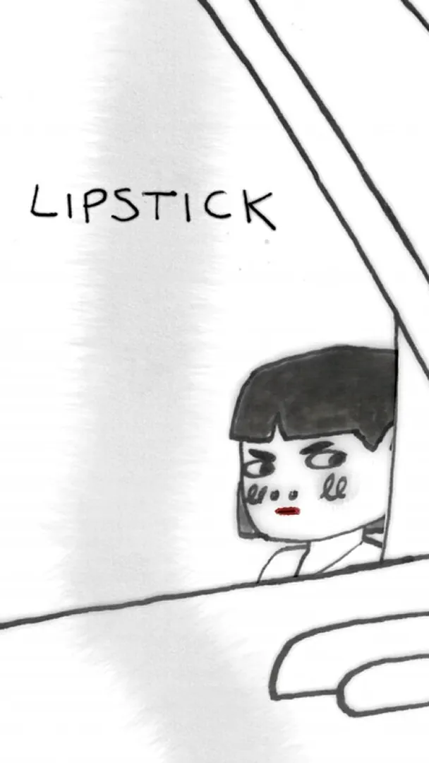 A cartoon person with short black hair and red lipstick looks out of a car window. The word "LIPSTICK" is written above them.