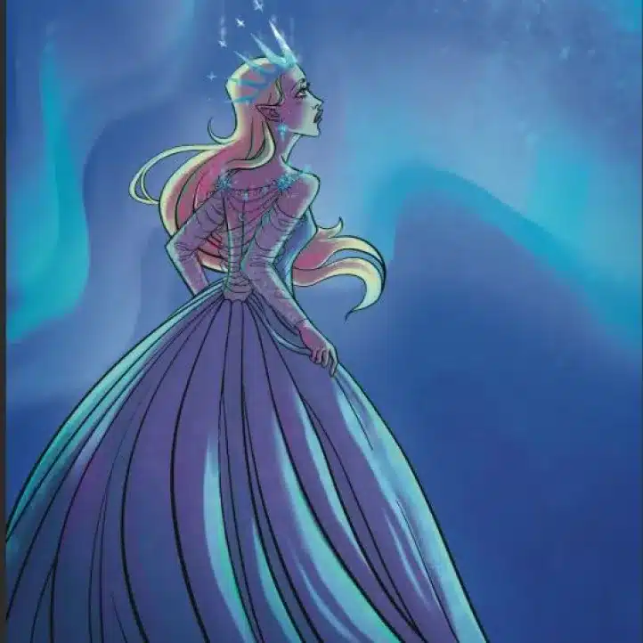 An illustrated princess in a sparkling crown gazes upward, wearing a flowing, purple-blue gown with long sleeves against a dreamy, starry blue background.