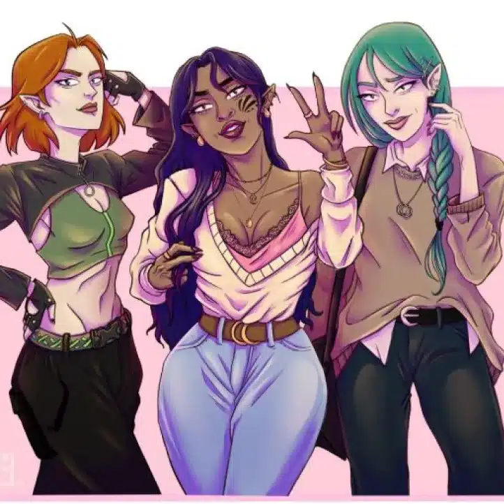 Three stylish women pose confidently; one with short red hair and a cropped top, one with long dark hair and a v-neck jumper, and one with long teal hair in a plait, wearing a collared shirt and jumper. Pink background.