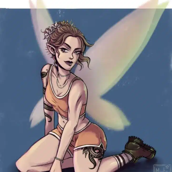 A fairy with light wings, tattoos, and piercings poses in an orange crop top and shorts, wearing dark boots against a blue background.