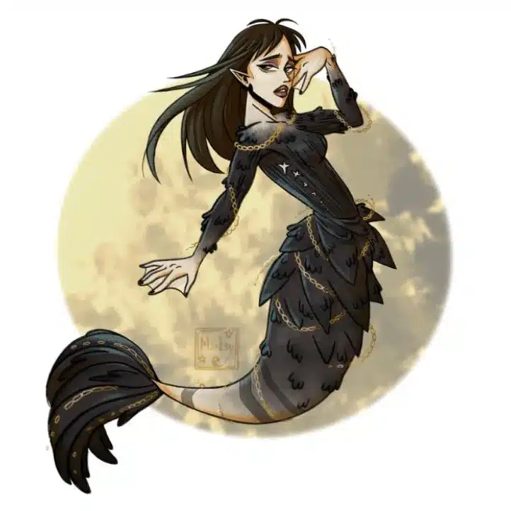 A dark-haired mermaid with pointed ears and gold jewellery wears a black dress. She poses gracefully against a pale, textured circular background.