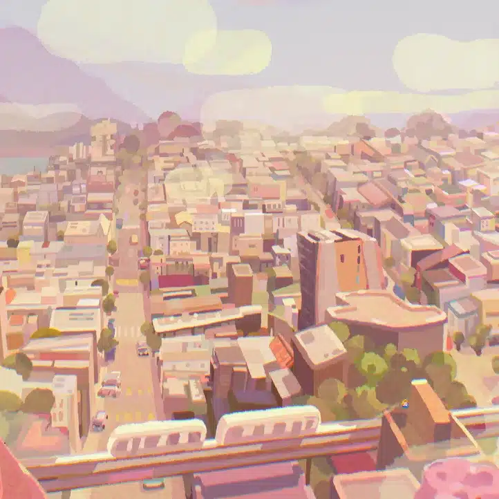 A pastel-coloured cityscape features a train passing through modern buildings, roads with cars, and green spaces under a hazy sky with distant mountains.