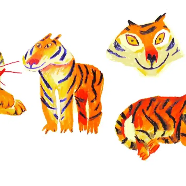 Four colourful, childlike tiger drawings with bright orange and yellow fur, featuring black stripes and expressive faces on a white background.