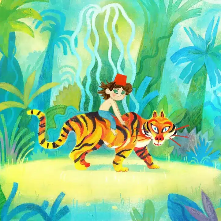 A child wearing a red hat rides a colourful tiger through a lush, vibrant jungle filled with green and blue foliage under bright sunlight.