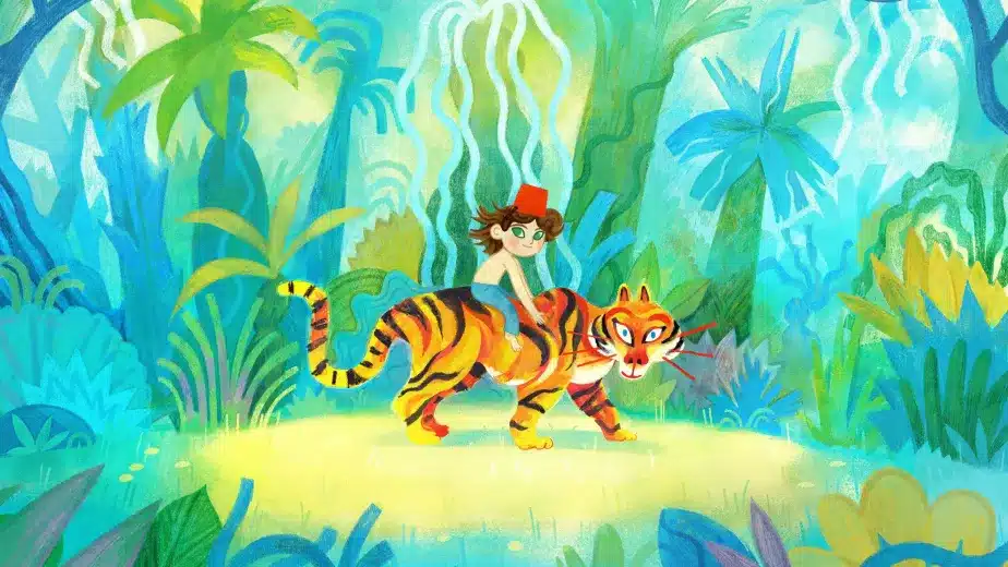A child wearing glasses and a red hat rides a tiger through a vibrant, lush jungle filled with blue and green plants. Light shines down in the centre, illuminating the pair.