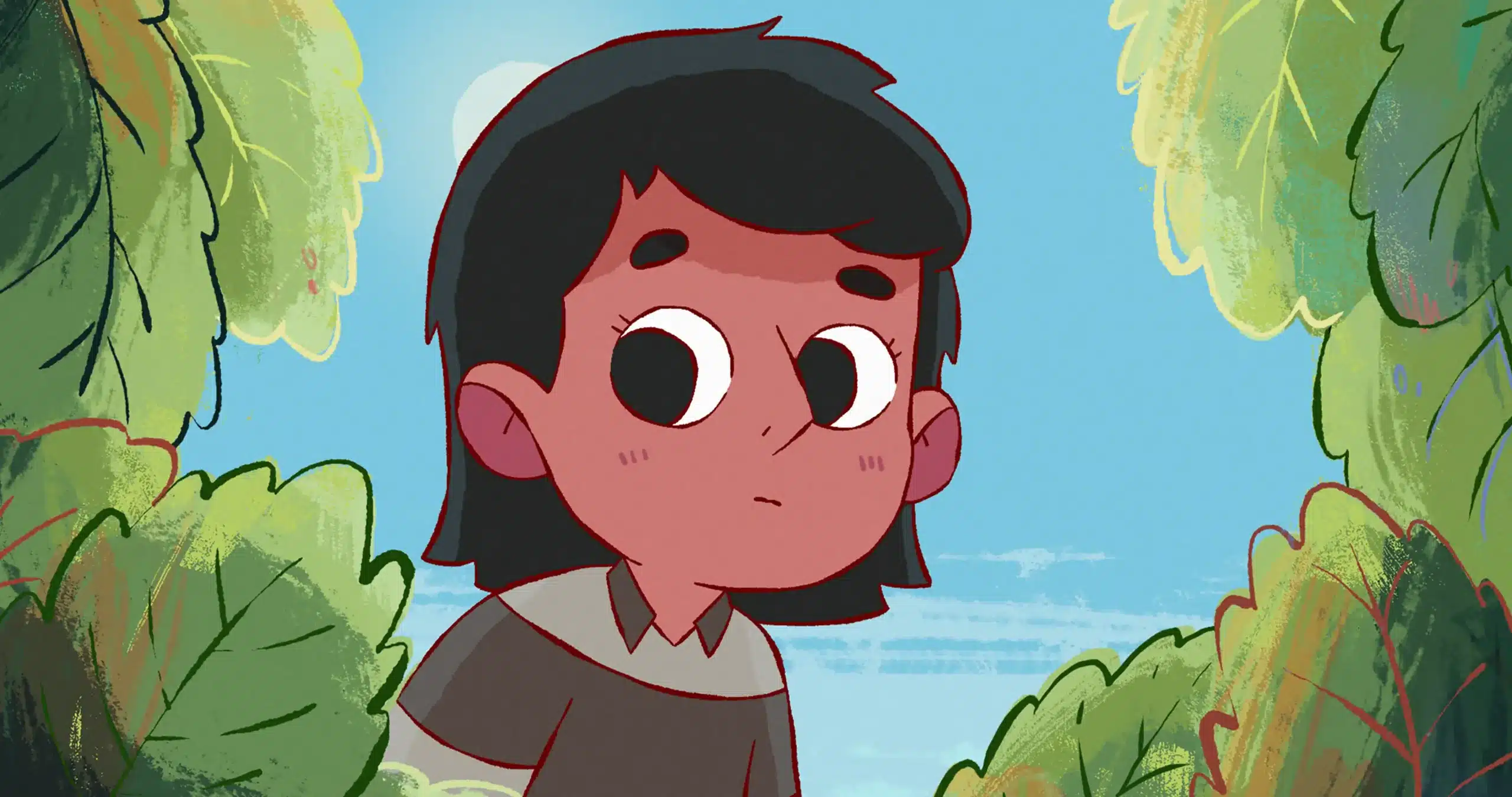 A cartoon character with short dark hair and large eyes stands among green bushes under a blue sky, looking to the side with a neutral expression.