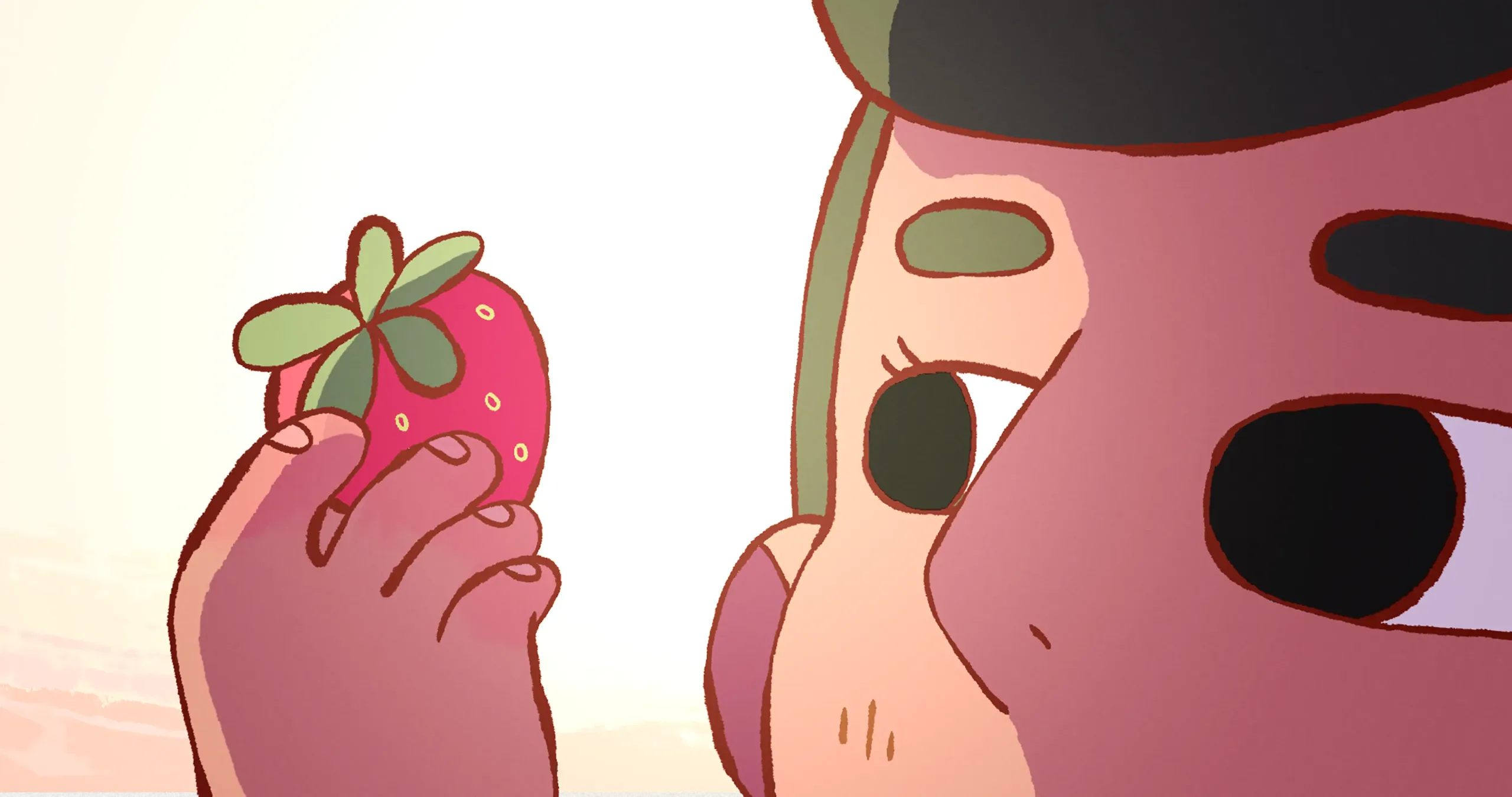 A cartoon person closely examines a strawberry held up to their face, with a thoughtful expression and soft, warm lighting.