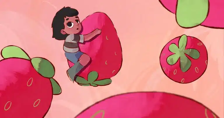 A cartoon child with short black hair hugs a large strawberry, surrounded by other oversized strawberries on a peach-coloured background.