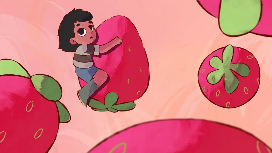 A cartoon child with short black hair hugs a large strawberry, surrounded by other oversized strawberries on a peach-coloured background.