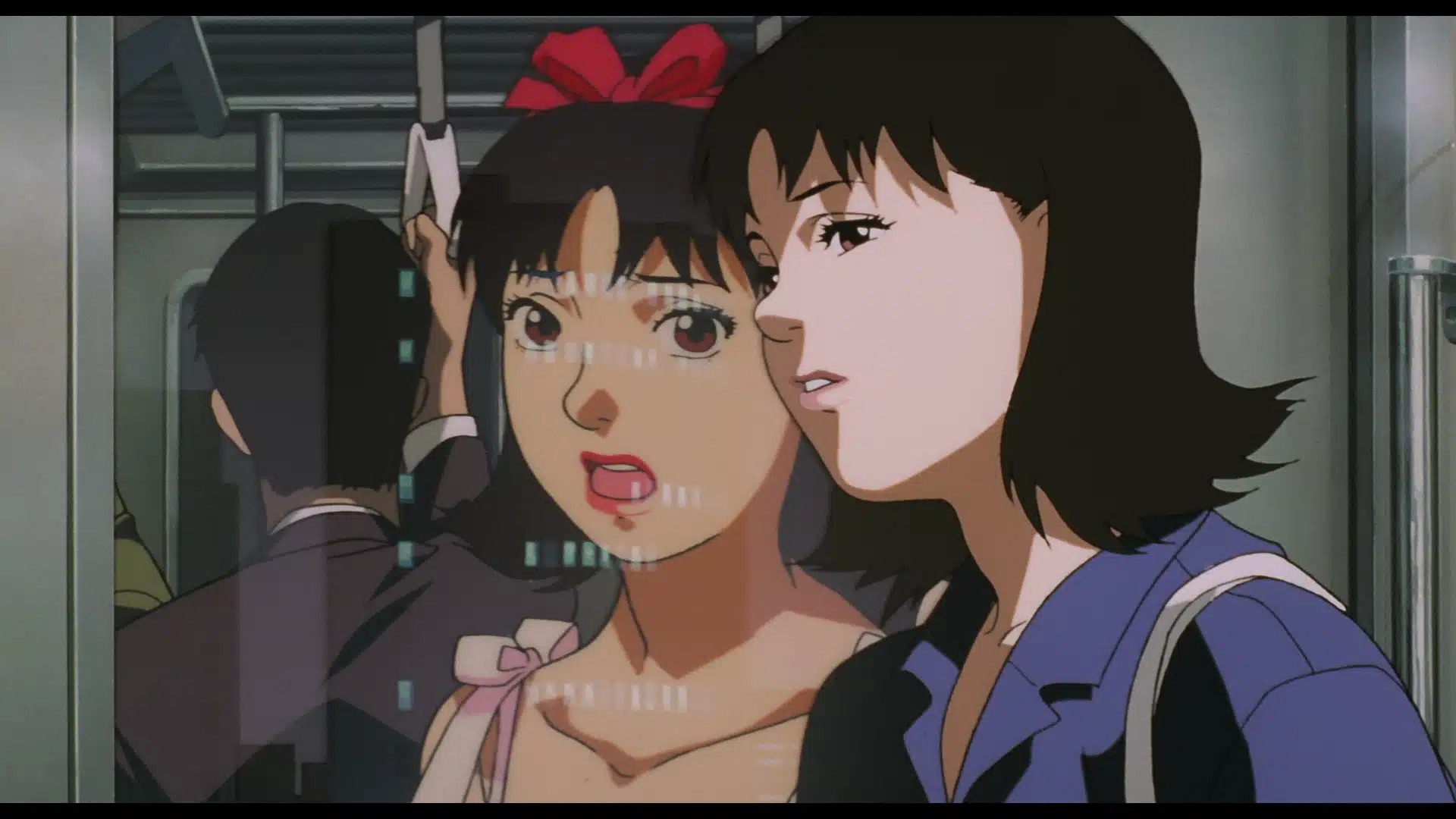 Two animated women stand on a tube train; one looks tense and is reflected in the window, while the other faces forward, appearing thoughtful. City lights are reflected in the glass.