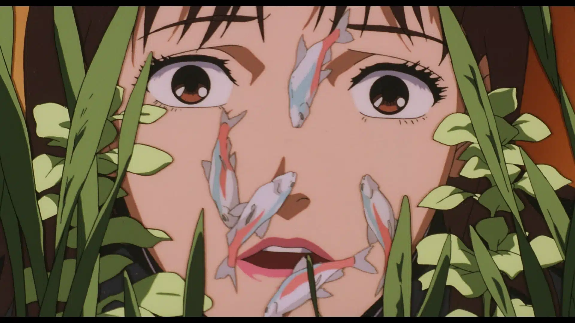 A close-up of an animated woman’s surprised face with small fish swimming in front of her, framed by green leaves and plants.