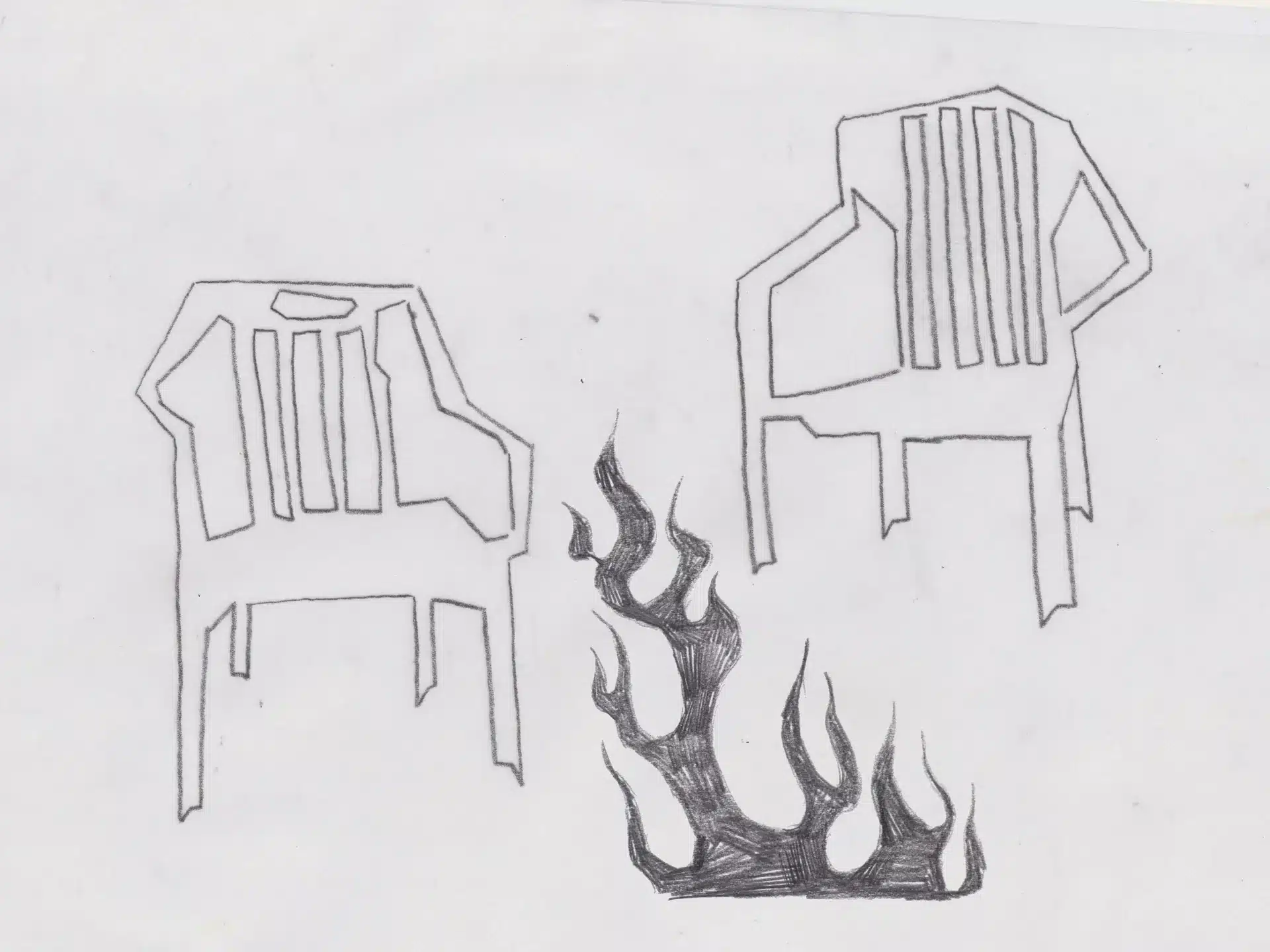 Two outlined plastic chairs are drawn in black and white. Below them, stylised black flames rise, suggesting one or both chairs may be burning or melting. The background is plain white.
