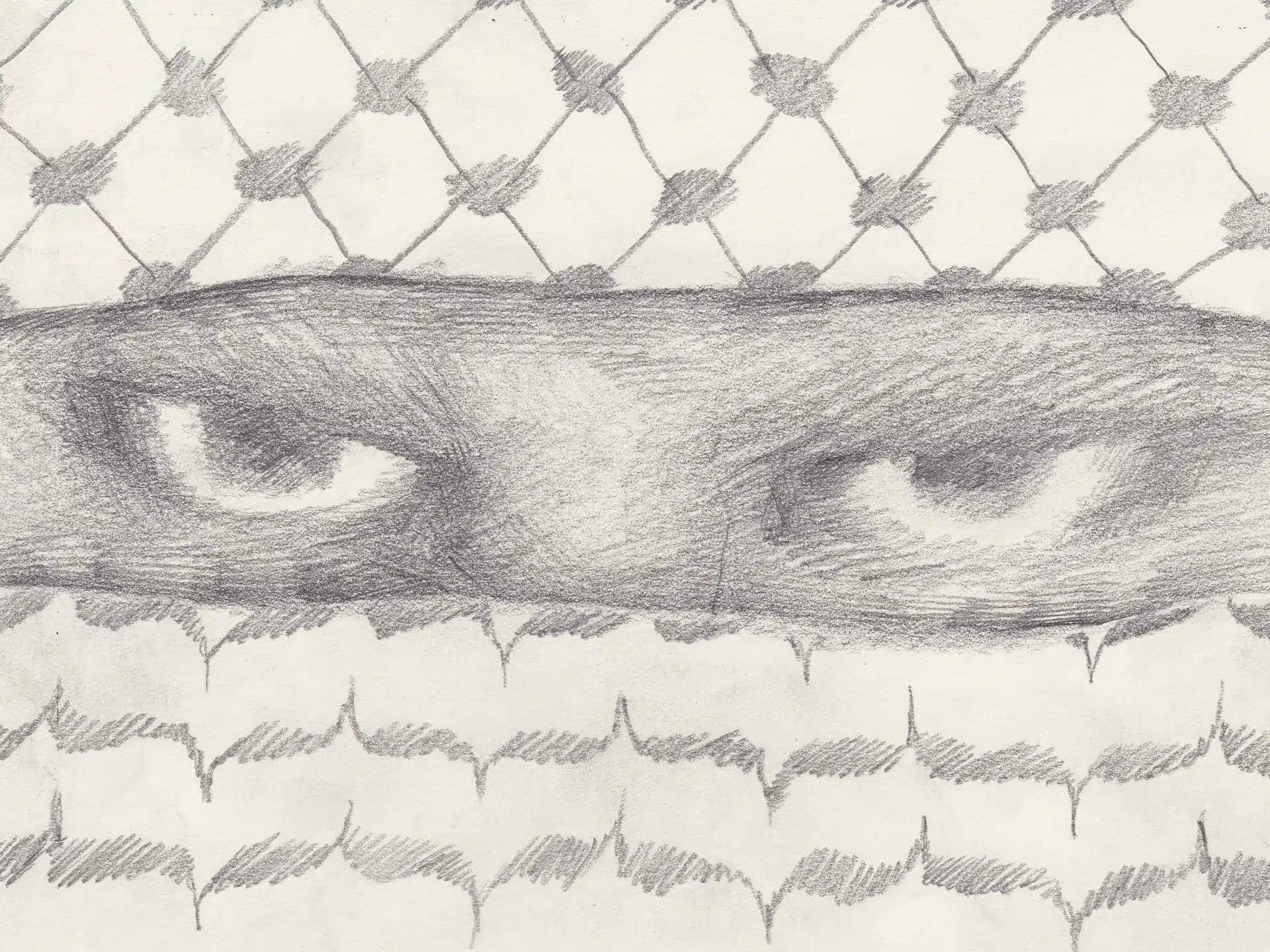 A pencil sketch shows two intense eyes peering through a slit in a patterned cloth or veil, with diamond and wavy designs drawn above and below the eyes.