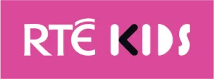 RTÉ Kids logo with white text on a pink background; the "K" in "KIDS" is black whilst the other letters are white.