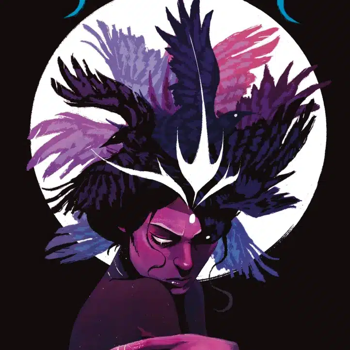 A woman with purple skin and dark hair looks downwards. Bird feathers in blue, purple, and pink fan outwards from her head, silhouetted against a bright white circle on a black background.