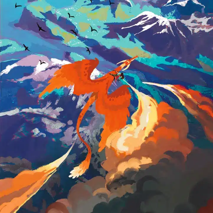 A person rides a large orange dragon soaring above mountains, trailing flames and smoke, while a flock of birds flies in the colourful sky.