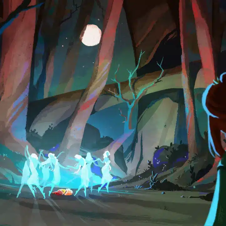 Five glowing, ghostly figures dance in a moonlit forest clearing around a small object on the ground. Tall trees surround them, and a person watches from behind a tree on the right. The scene feels mysterious and magical.