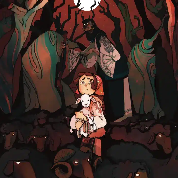 A worried girl holding a white lamb stands among dark sheep in a spooky forest, whilst a horned figure with glowing eyes looms behind her under a full moon.