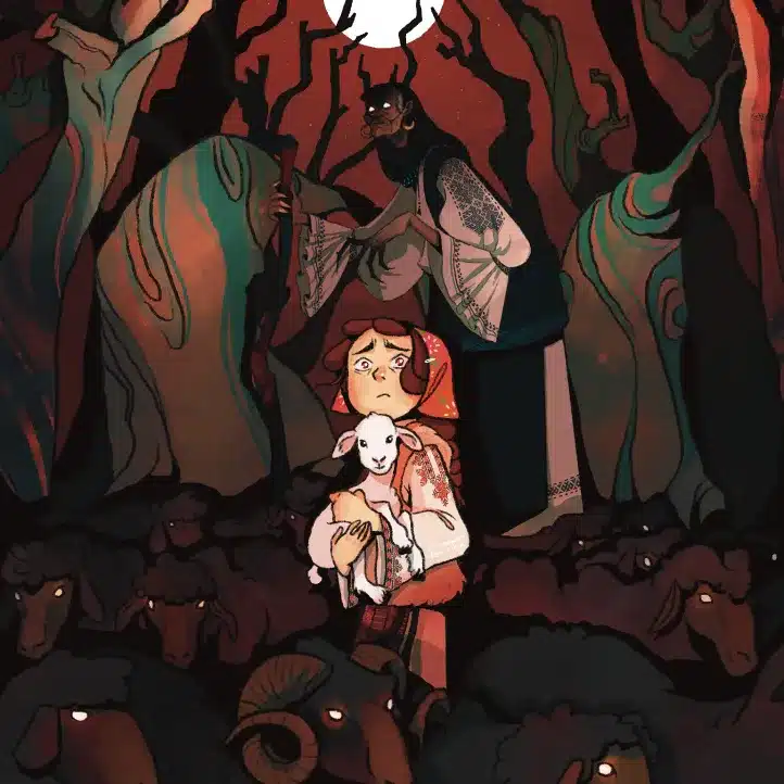 A worried girl in folk clothing holds a white goat, surrounded by dark sheep with glowing eyes in a spooky forest. A horned, shadowy figure lurks behind her under a full moon.