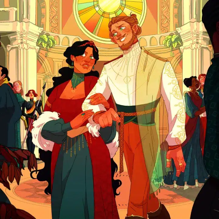 A woman in a red gown and a man in elegant attire walk arm-in-arm at a grand, sunlit ballroom, smiling at each other whilst other guests mingle in the background.
