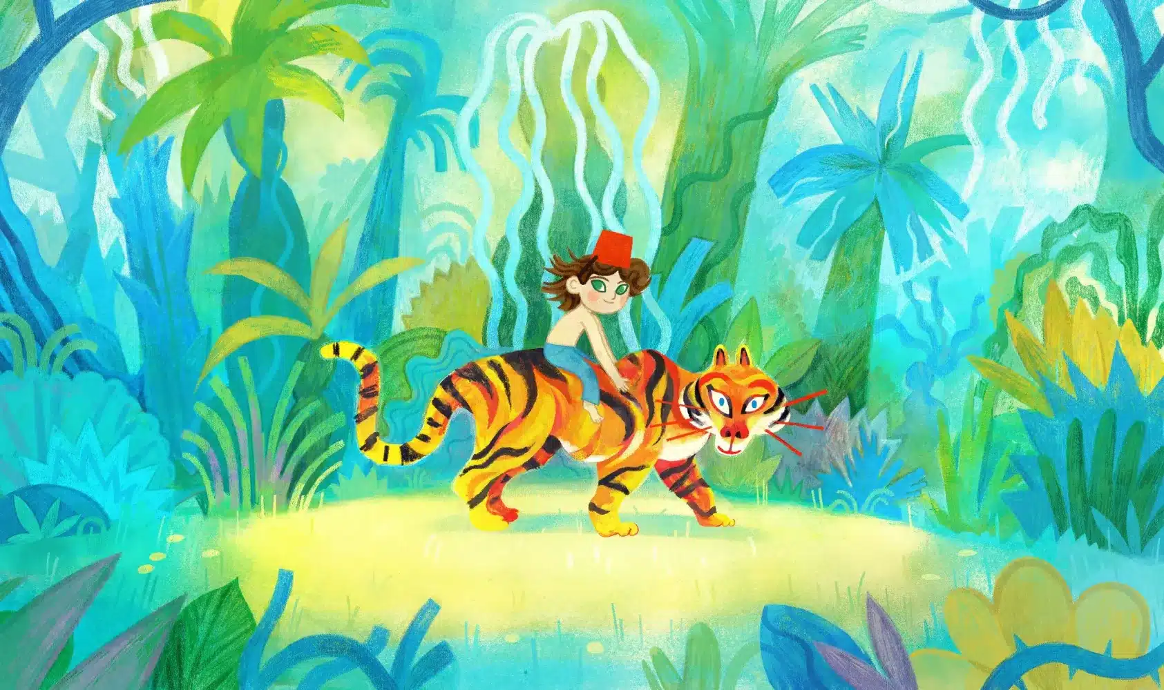 A child wearing glasses and a red hat rides a tiger through a vibrant, colourful jungle filled with lush green plants and abstract patterns.