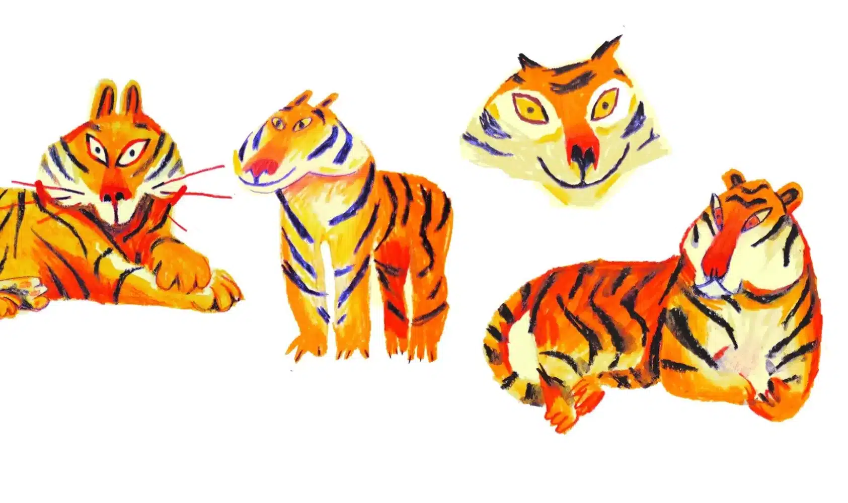 Four colourful, hand-painted tigers with blue stripes and orange fur in different playful poses on a white background.