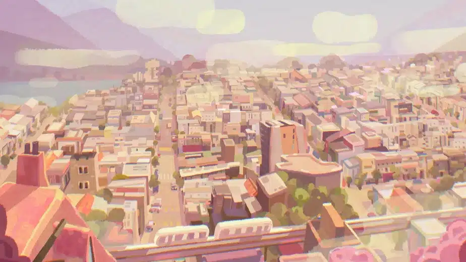 Colourful animated cityscape with pastel buildings, a train on elevated tracks in the foreground, tree-lined streets, and distant mountains under a sky with scattered clouds. The scene has a soft, dreamy atmosphere.