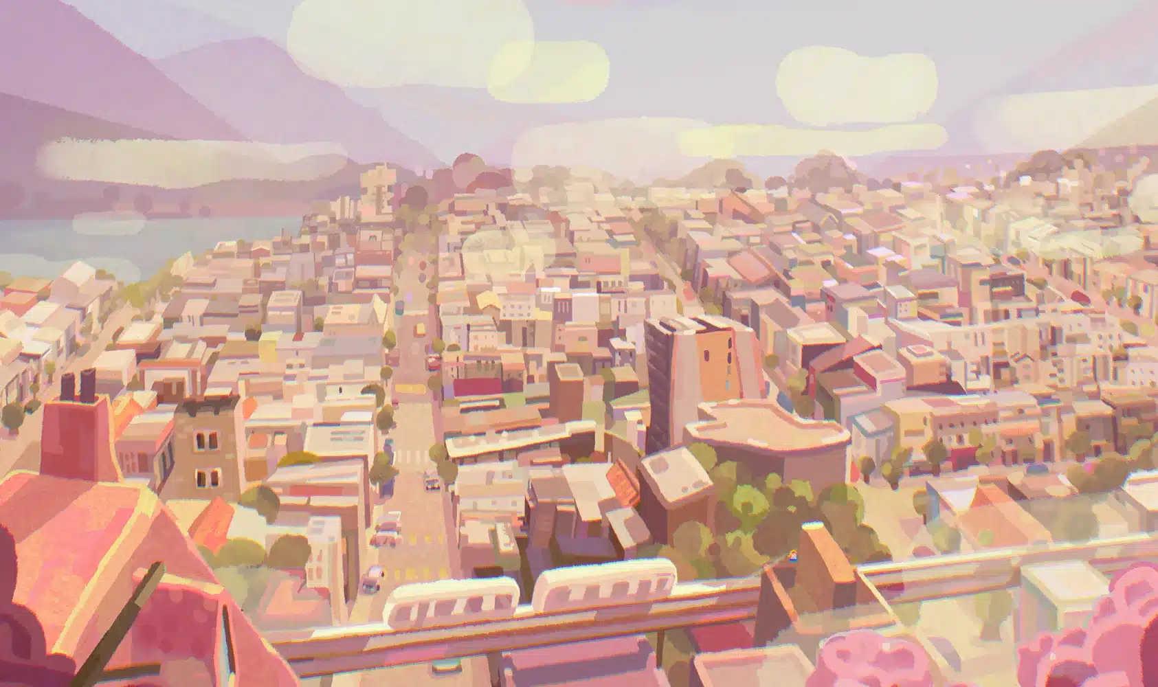 Colourful animated cityscape with pastel buildings, a train on elevated tracks in the foreground, tree-lined streets, and distant mountains under a sky with scattered clouds. The scene has a soft, dreamy atmosphere.