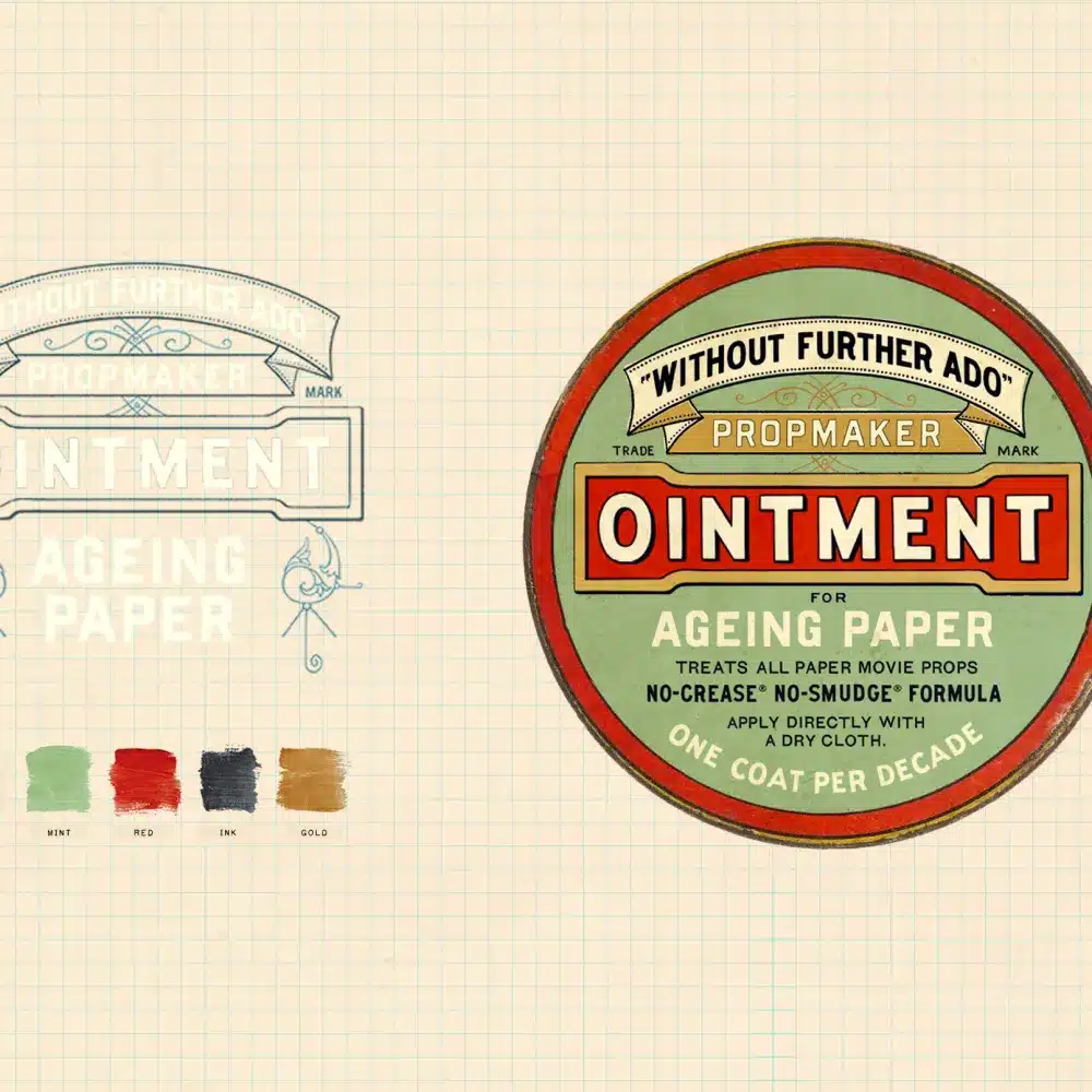 A vintage-style label for "PropMaker Ointment for Ageing Paper" is shown with colour swatches below. The label promises “no-crease, no-smudge” and suggests one coat per decade.