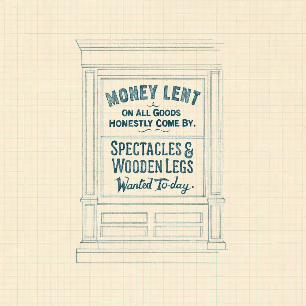 A vintage-style sign reads: "Money lent on all goods honestly come by. Spectacles & wooden legs wanted to-day," drawn on squared paper.