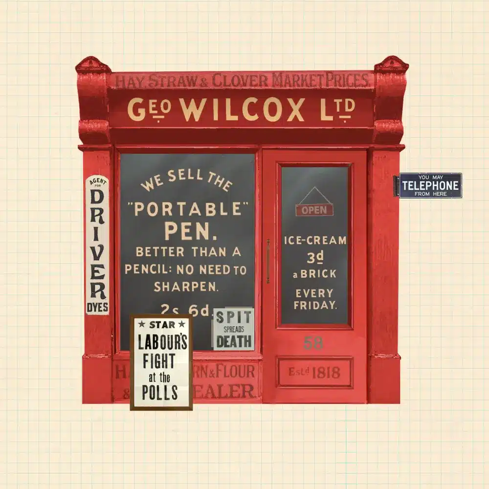 Illustration of a vintage red shopfront with signs advertising pens, ice cream, driver dyes, and a slogan about labourers fighting at the polls. A blue telephone box is attached to the right side of the building.