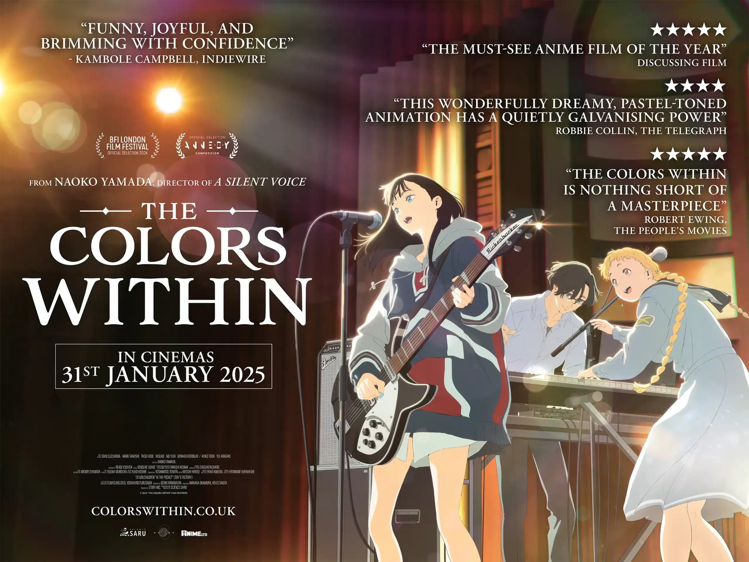 Three animated girls perform music on stage under bright lights, with one singing and playing guitar, another playing keyboard, and the third on drums. Text announces "The Colours Within," in cinemas 31 January 2025.