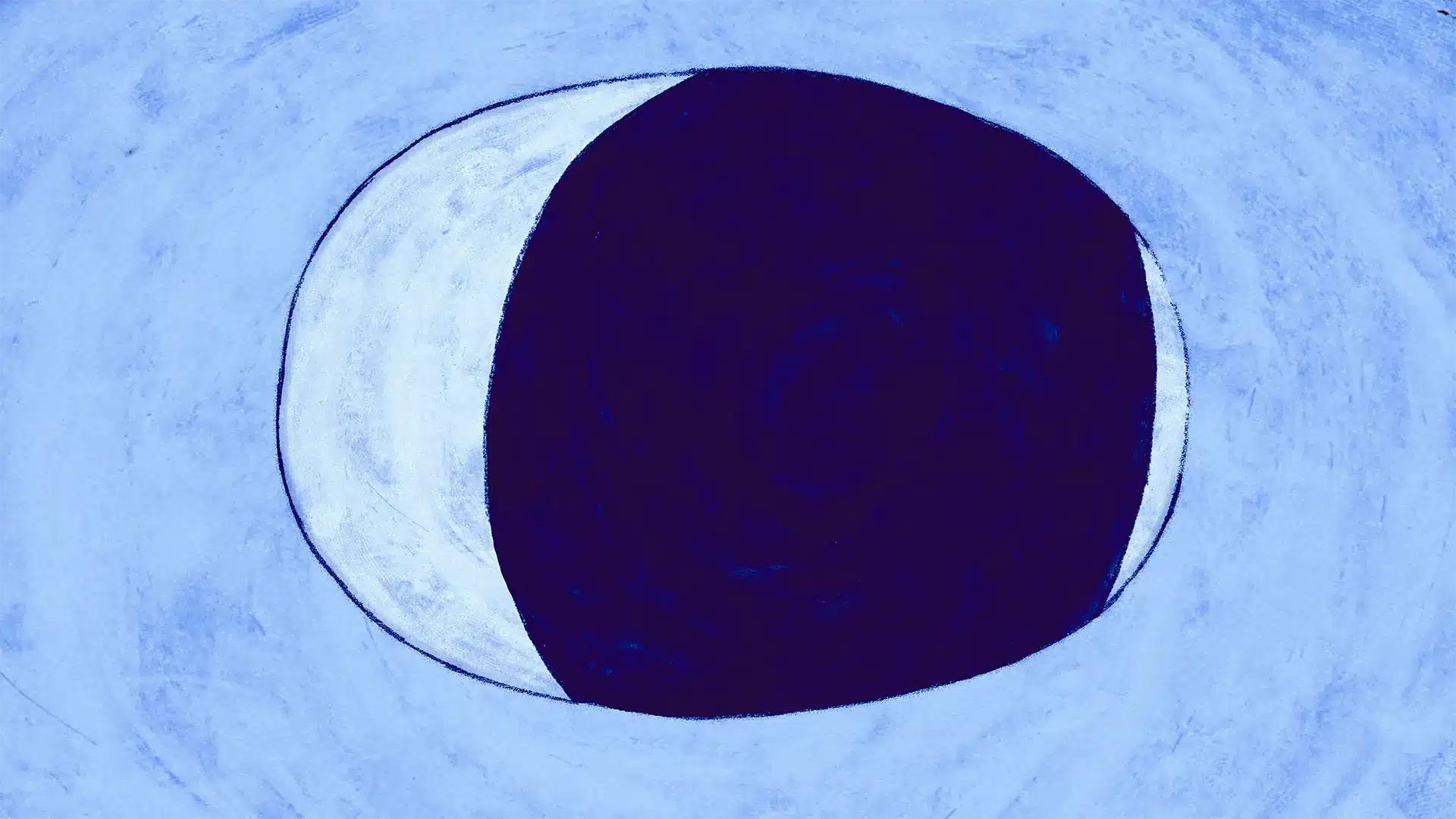 Abstract image of a large, dark blue oval with a white crescent shape on the left side, set against a swirling light blue background.