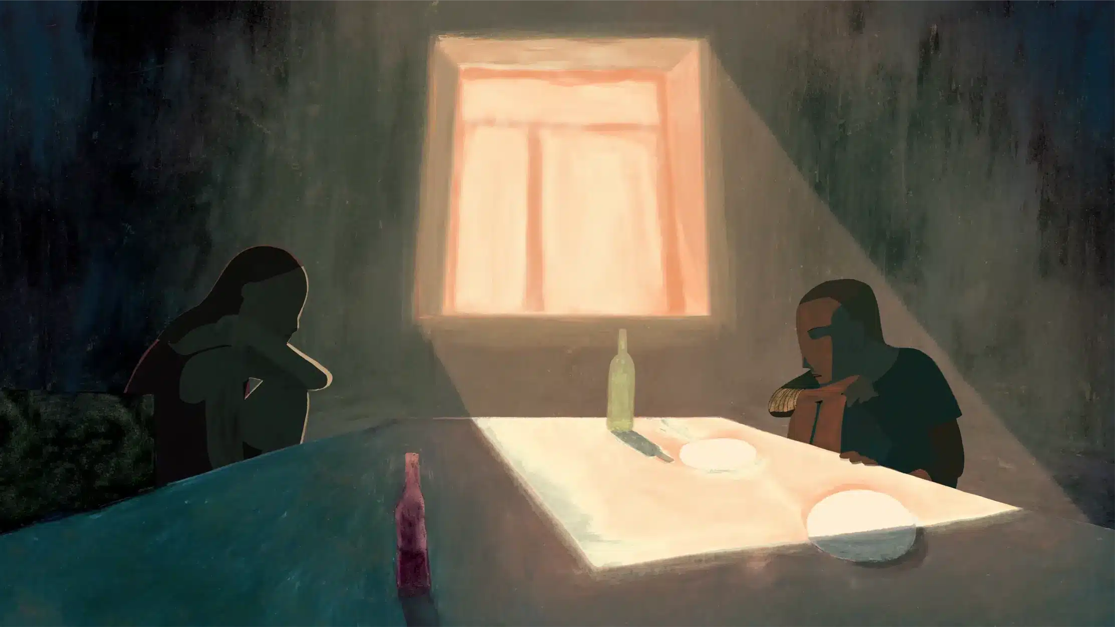 Two people sit at a table in a dim room with sunlight streaming through a window, casting shadows. There are plates, a bottle, and a glass on the table. The scene feels quiet and contemplative.