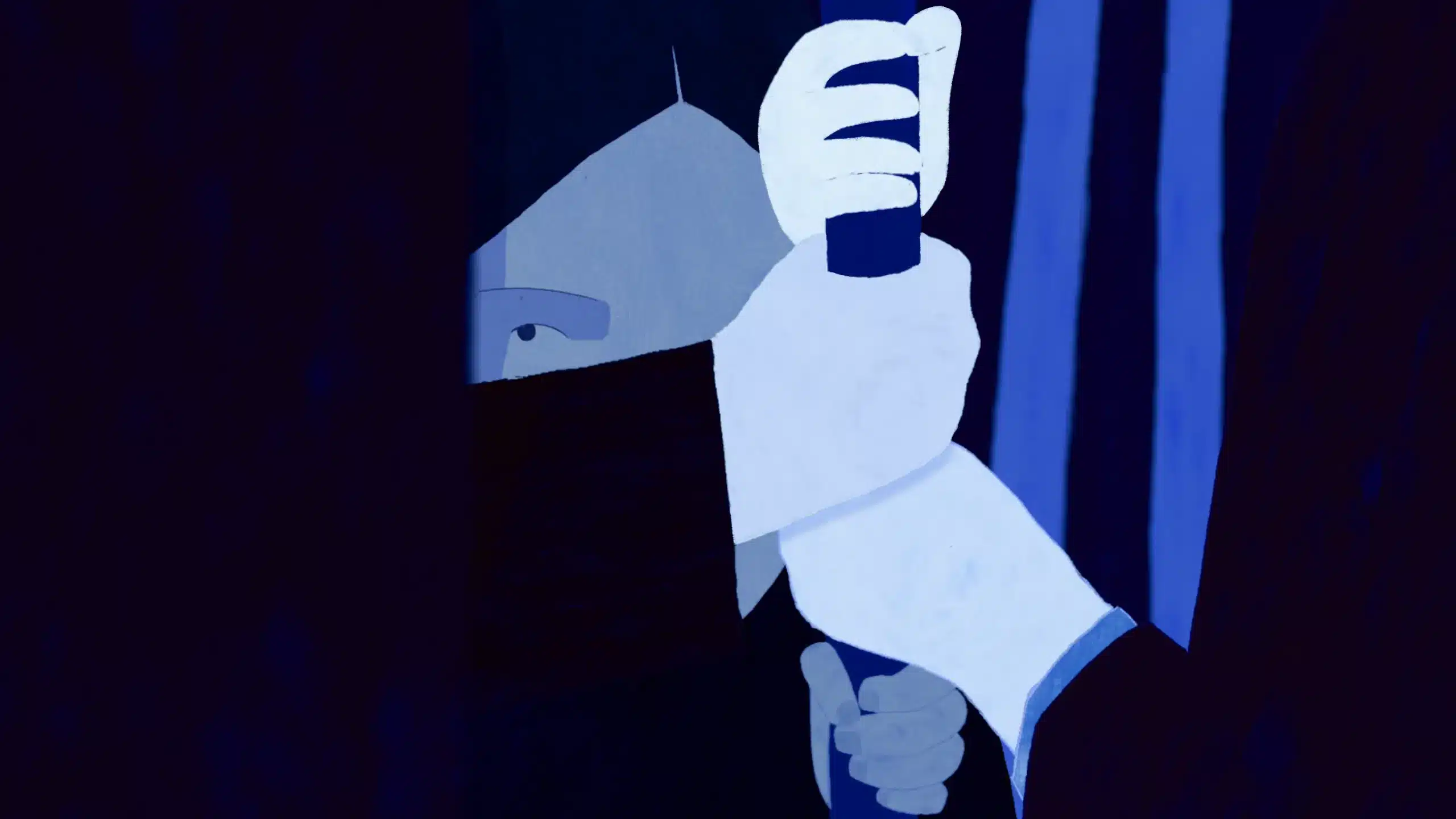 A stylised illustration of a person gripping a pole with both hands, partially obscured by shadows, with only one eye visible, rendered in shades of blue and white.