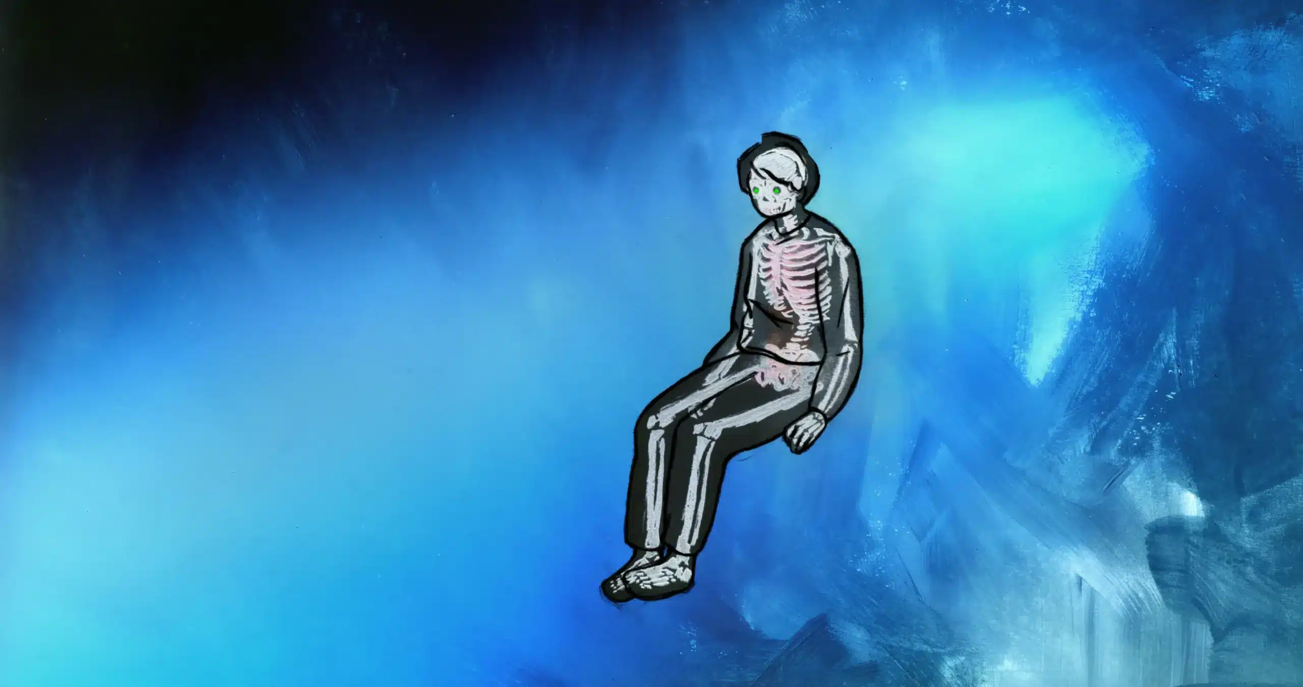 Illustration of a person with visible skeleton features, sitting against a blue and black abstract background.