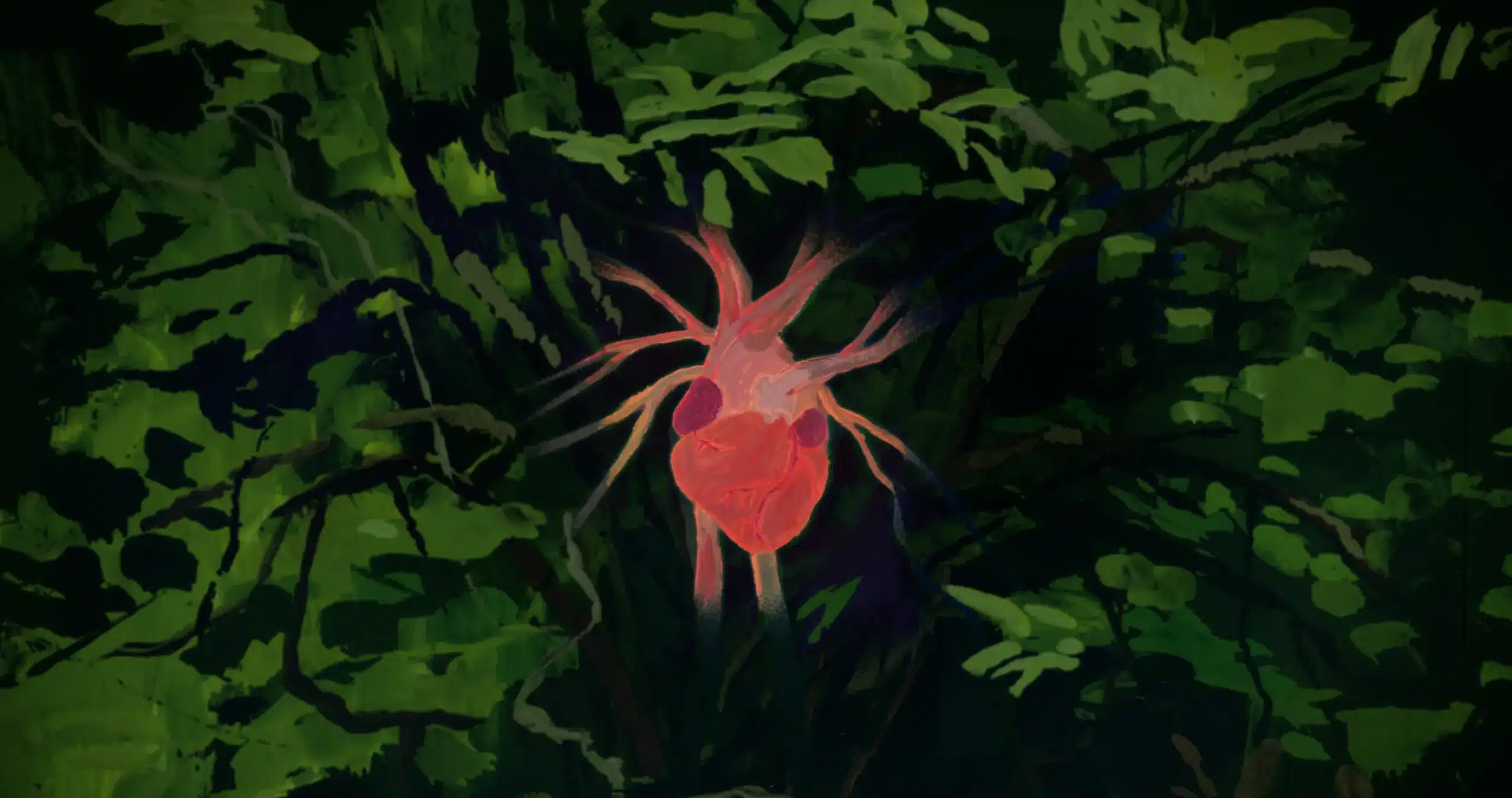 A glowing, stylised red heart with radiating veins is surrounded by dense, dark green foliage in this digital illustration.