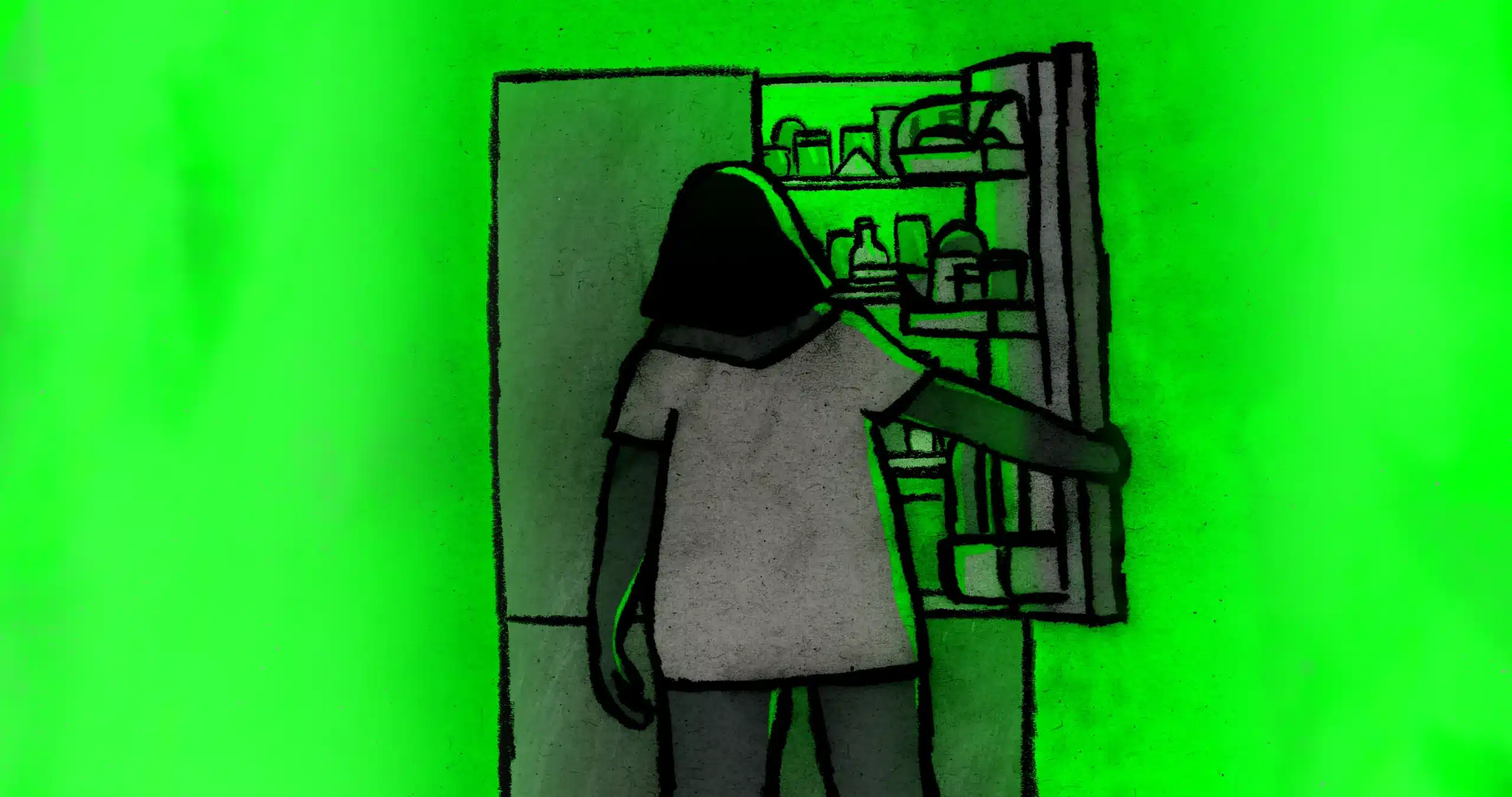 A person with shoulder-length hair stands in front of an open fridge filled with food, illuminated by a green light.