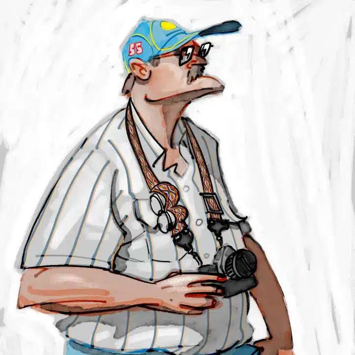 A cartoon-style man wearing glasses, a blue cap, and a striped shirt holds a camera. He has camera straps round his neck and looks off to the side with a neutral expression.