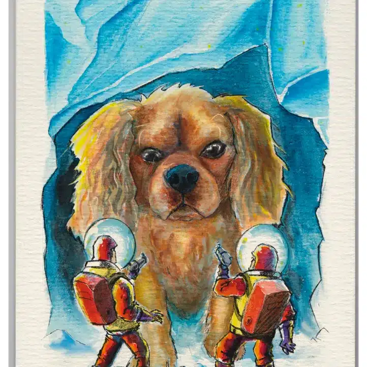 Two astronauts in orange suits and helmets stand in an icy cave, facing a large, serious-looking dog with long ears. Blue and icy textures surround the scene, creating a dramatic alien atmosphere.